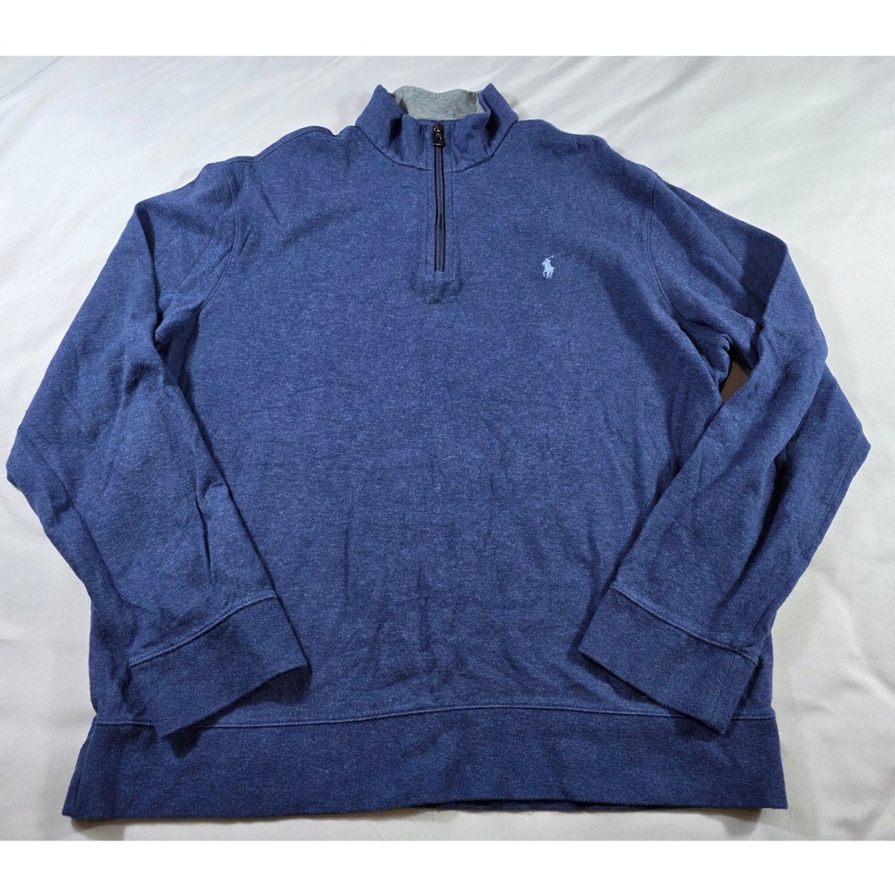 Polo Ralph Lauren Quarter Zip Pullover Men XL Heathered Blue Cotton Blend Mock